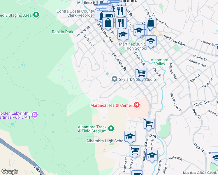map of restaurants, bars, coffee shops, grocery stores, and more near 2 Warren Street in Martinez