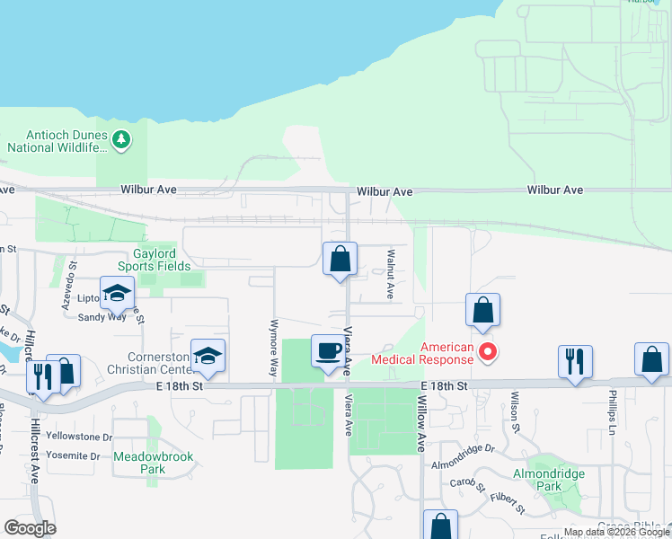 map of restaurants, bars, coffee shops, grocery stores, and more near 1452 Viera Avenue in Antioch