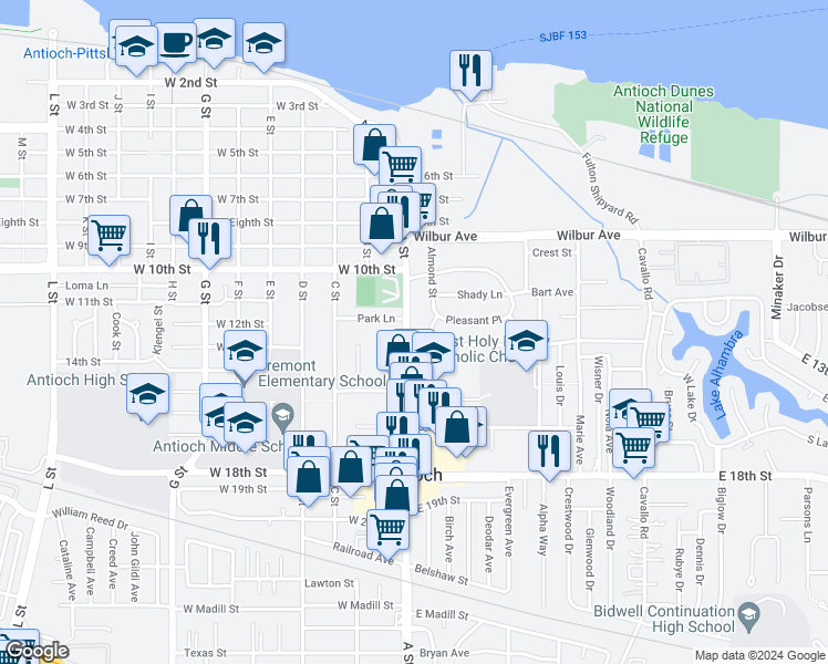 map of restaurants, bars, coffee shops, grocery stores, and more near 1111 A Street in Antioch