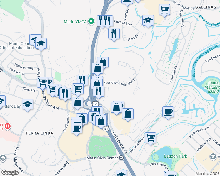 map of restaurants, bars, coffee shops, grocery stores, and more near 55 Professional Center Parkway in San Rafael