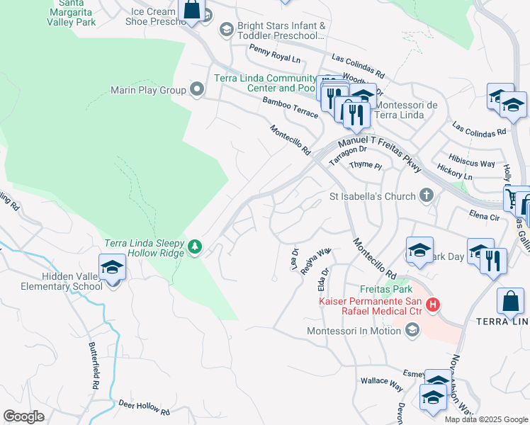 map of restaurants, bars, coffee shops, grocery stores, and more near 921 Lea Drive in San Rafael