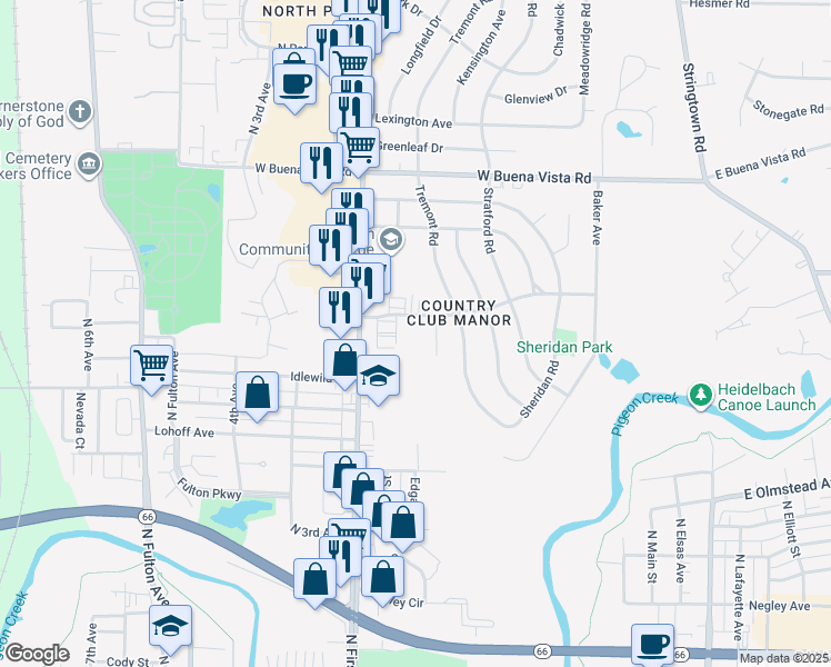map of restaurants, bars, coffee shops, grocery stores, and more near 651 Fairway Drive in Evansville