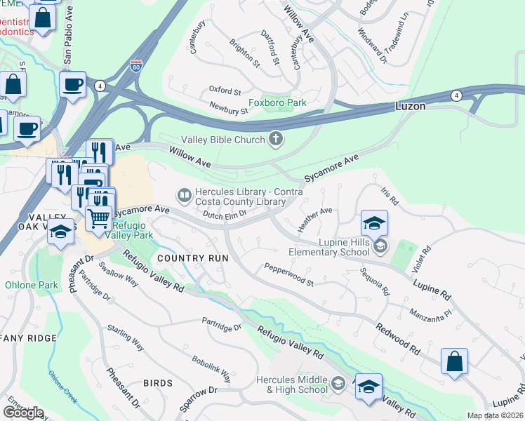 map of restaurants, bars, coffee shops, grocery stores, and more near 598 Dutch Elm Drive in Hercules