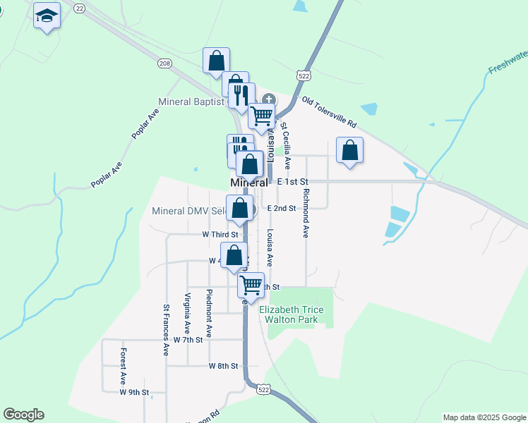 map of restaurants, bars, coffee shops, grocery stores, and more near 103 West Second Street in Mineral