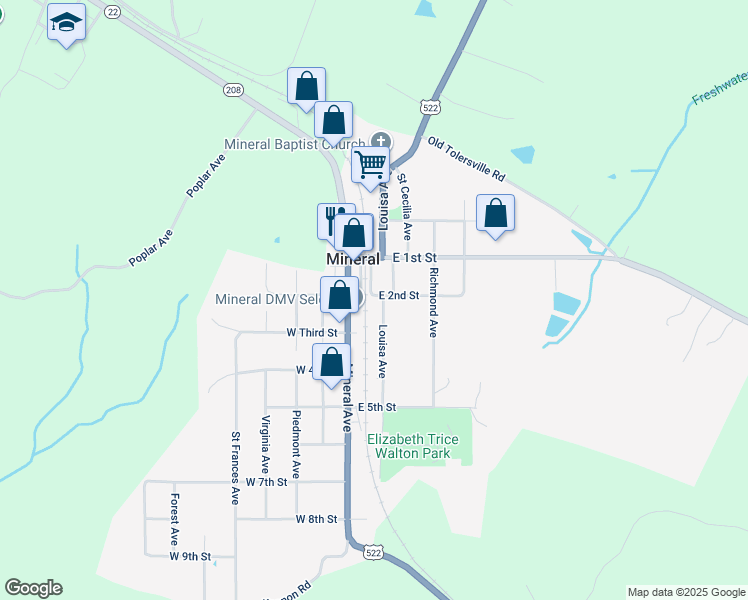 map of restaurants, bars, coffee shops, grocery stores, and more near 103 West Second Street in Mineral