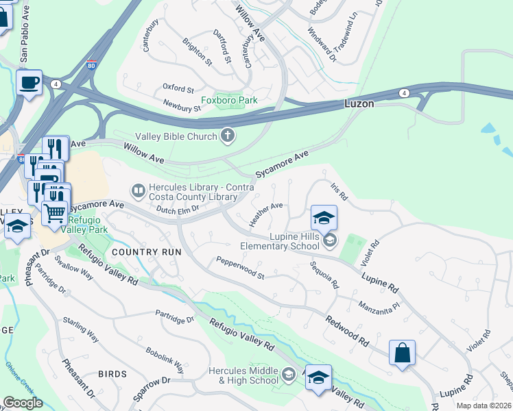 map of restaurants, bars, coffee shops, grocery stores, and more near 166 Fuchsia Court in Hercules