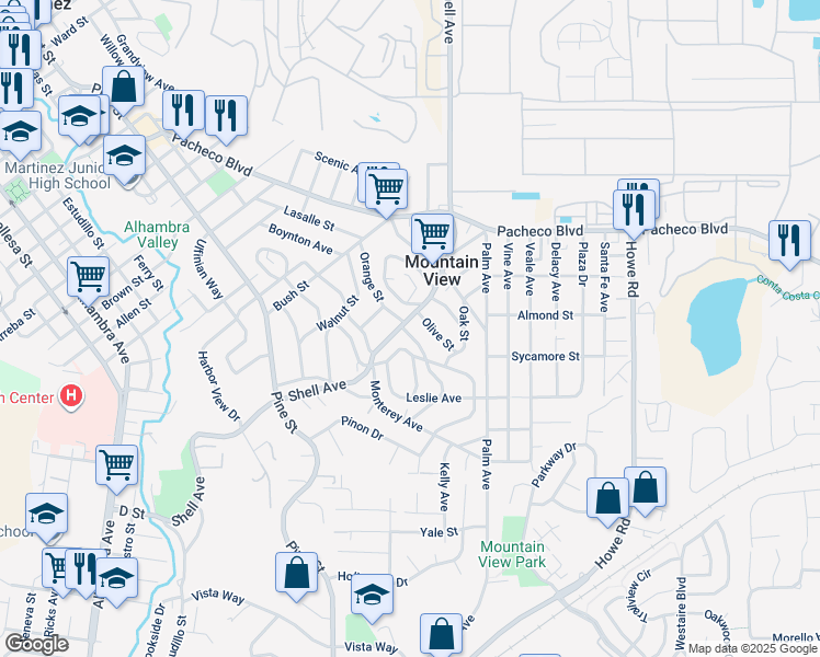 map of restaurants, bars, coffee shops, grocery stores, and more near 1102 Shell Avenue in Martinez
