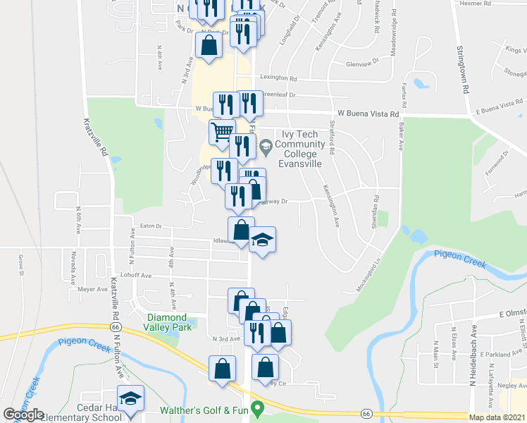 map of restaurants, bars, coffee shops, grocery stores, and more near 732 Fairway Drive in Evansville