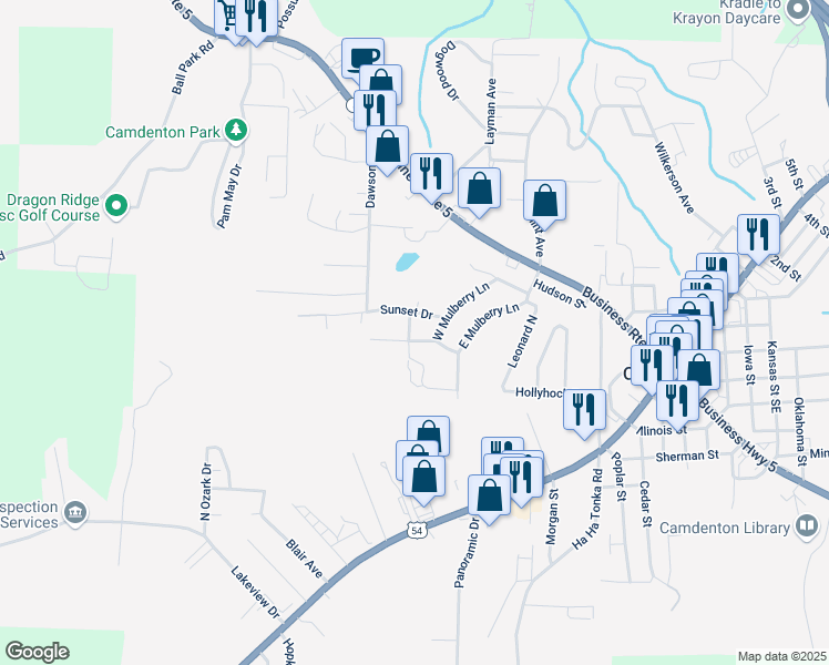 map of restaurants, bars, coffee shops, grocery stores, and more near 100-114 Sunset Dr in Camdenton