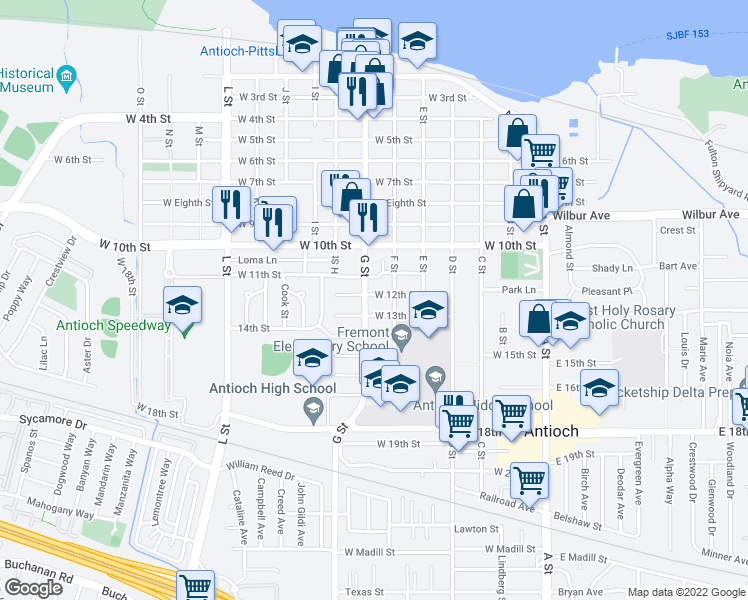 map of restaurants, bars, coffee shops, grocery stores, and more near 517 West 12th Street in Antioch