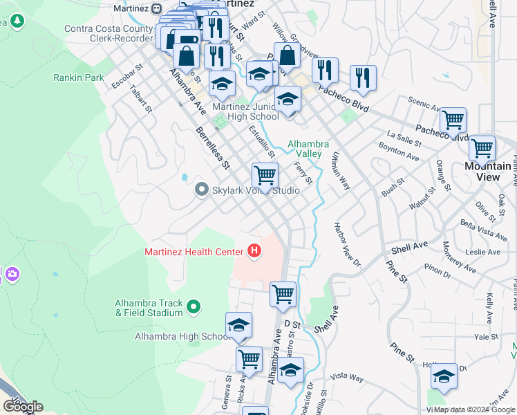 map of restaurants, bars, coffee shops, grocery stores, and more near Berrellesa Street & Brown Street in Martinez