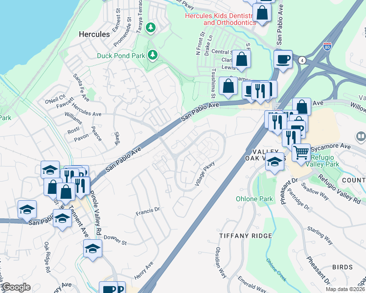 map of restaurants, bars, coffee shops, grocery stores, and more near 309 Devonwood in Hercules