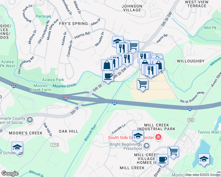 map of restaurants, bars, coffee shops, grocery stores, and more near 601 Fifth Street Landing in Lake Monticello