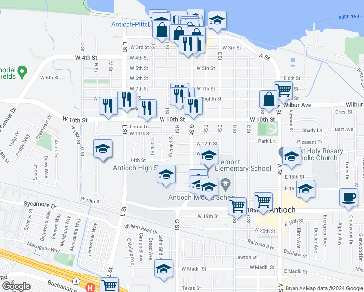 map of restaurants, bars, coffee shops, grocery stores, and more near 615 West 12th Street in Antioch