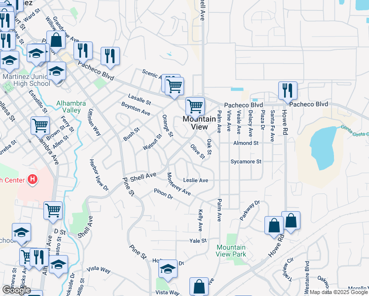 map of restaurants, bars, coffee shops, grocery stores, and more near 1102 Shell Avenue in Martinez