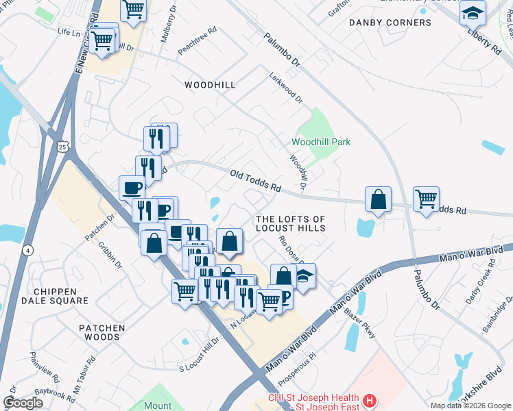 map of restaurants, bars, coffee shops, grocery stores, and more near 2852 Ryan Circle in Lexington