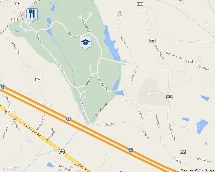 map of restaurants, bars, coffee shops, grocery stores, and more near 4124 Fairway Drive in Keswick