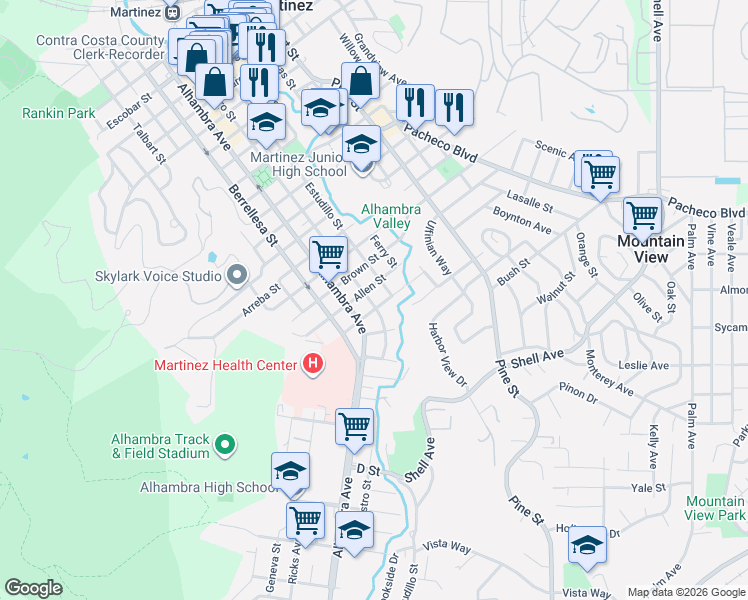 map of restaurants, bars, coffee shops, grocery stores, and more near 2027 Castro Street in Martinez