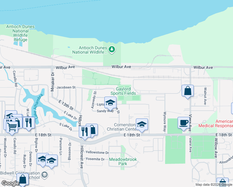 map of restaurants, bars, coffee shops, grocery stores, and more near 1545 Jacobsen Street in Antioch