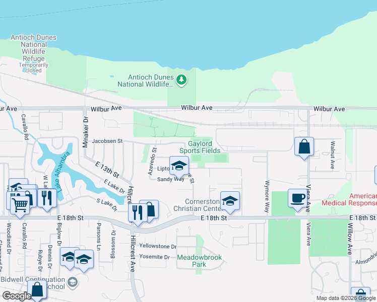 map of restaurants, bars, coffee shops, grocery stores, and more near 1545 Jacobsen Street in Antioch