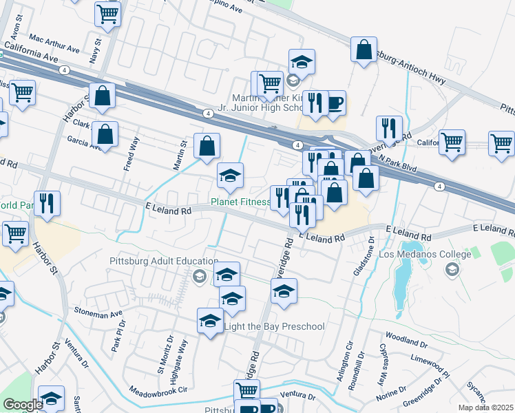 map of restaurants, bars, coffee shops, grocery stores, and more near 125 Piedmont Lane in Pittsburg