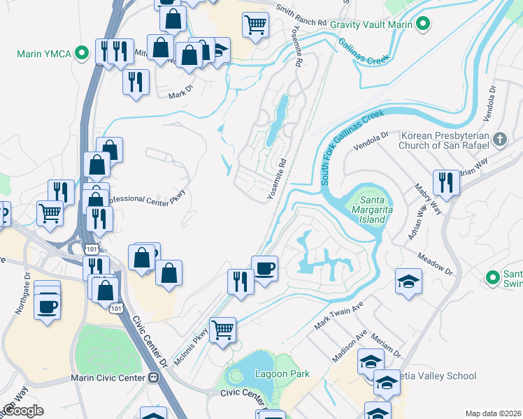 map of restaurants, bars, coffee shops, grocery stores, and more near 299 Zion Court in San Rafael