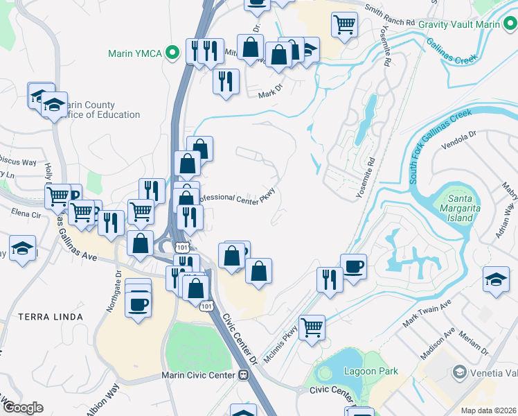 map of restaurants, bars, coffee shops, grocery stores, and more near 115 Professional Center Parkway in San Rafael