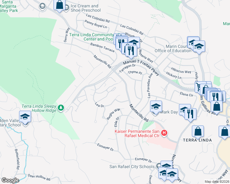 map of restaurants, bars, coffee shops, grocery stores, and more near 106 Forest Lane in San Rafael