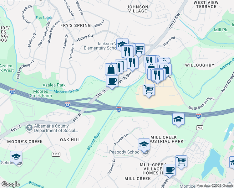 map of restaurants, bars, coffee shops, grocery stores, and more near 601 5th Street Southwest in Charlottesville