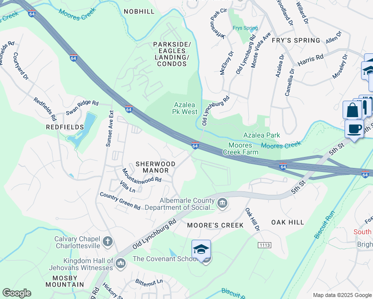 map of restaurants, bars, coffee shops, grocery stores, and more near 325 Timberland Lane in Charlottesville
