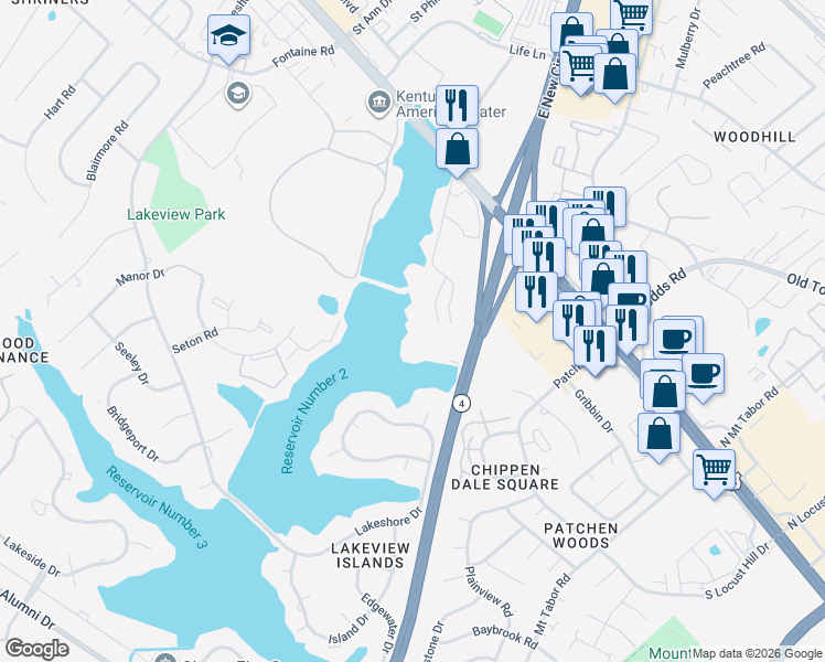 map of restaurants, bars, coffee shops, grocery stores, and more near 2412 Lake Park Road in Lexington