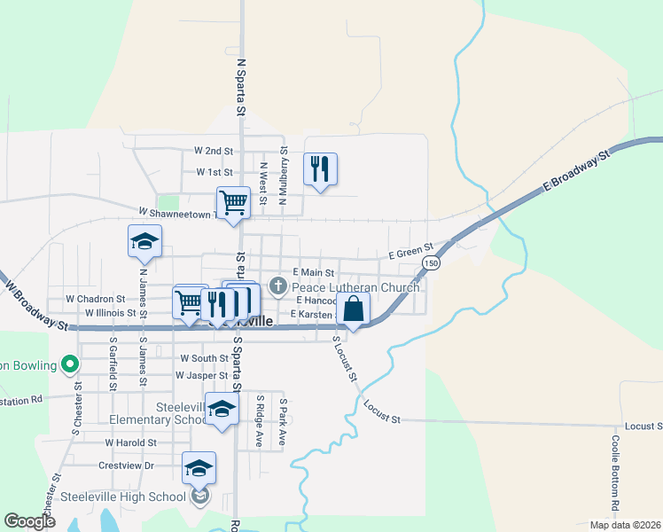 map of restaurants, bars, coffee shops, grocery stores, and more near 507 East Green Street in Steeleville