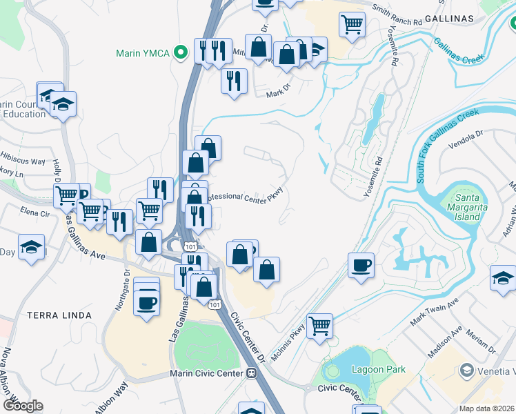 map of restaurants, bars, coffee shops, grocery stores, and more near 108 Professional Center Parkway in San Rafael