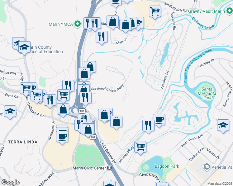 map of restaurants, bars, coffee shops, grocery stores, and more near 115 Professional Center Parkway in San Rafael