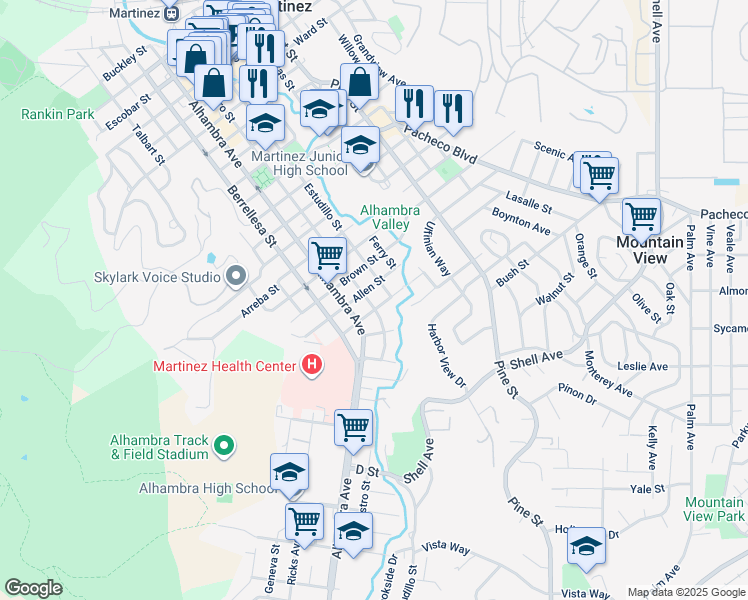 map of restaurants, bars, coffee shops, grocery stores, and more near 2027 Castro Street in Martinez
