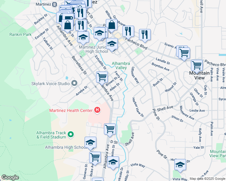 map of restaurants, bars, coffee shops, grocery stores, and more near 534 Allen Street in Martinez