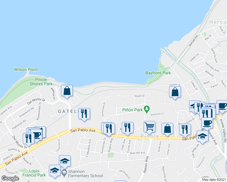 map of restaurants, bars, coffee shops, grocery stores, and more near 130 Woy Circle in Pinole