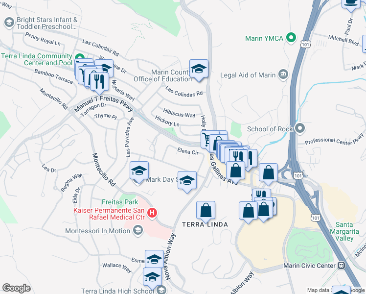 map of restaurants, bars, coffee shops, grocery stores, and more near 72 Elena Circle in San Rafael