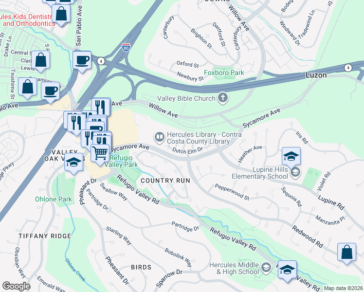 map of restaurants, bars, coffee shops, grocery stores, and more near 524 Rosewood Lane in Hercules