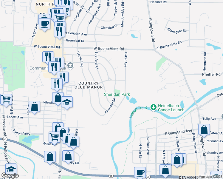 map of restaurants, bars, coffee shops, grocery stores, and more near 3316 Sheridan Road in Evansville