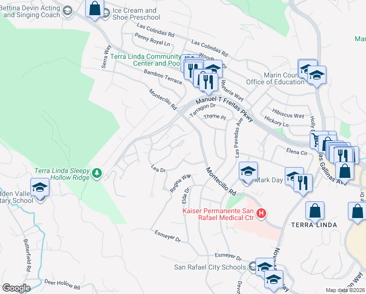 map of restaurants, bars, coffee shops, grocery stores, and more near 106 Forest Lane in San Rafael