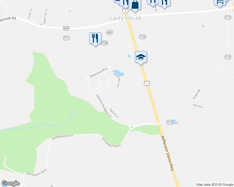 map of restaurants, bars, coffee shops, grocery stores, and more near 18376 Democracy Avenue in Ruther Glen