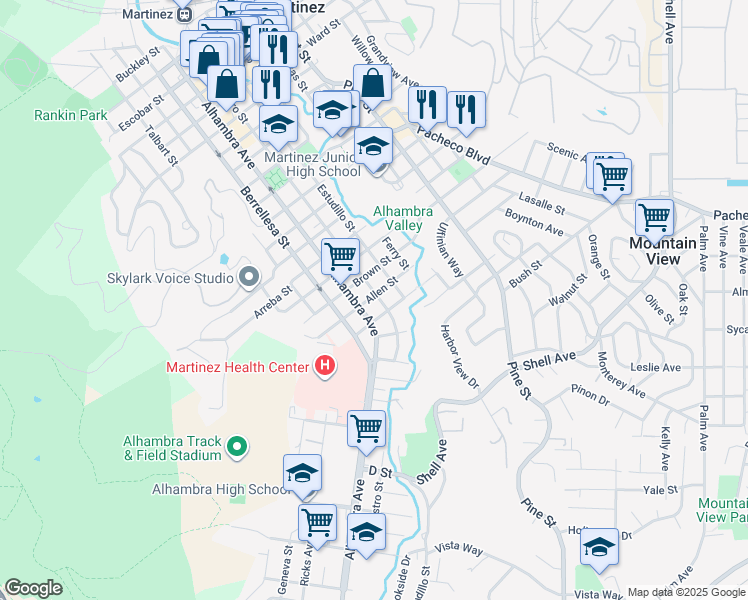 map of restaurants, bars, coffee shops, grocery stores, and more near 534 Allen Street in Martinez