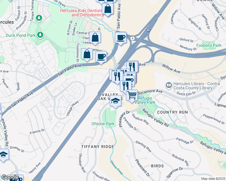 map of restaurants, bars, coffee shops, grocery stores, and more near 1550 Sycamore Avenue in Hercules