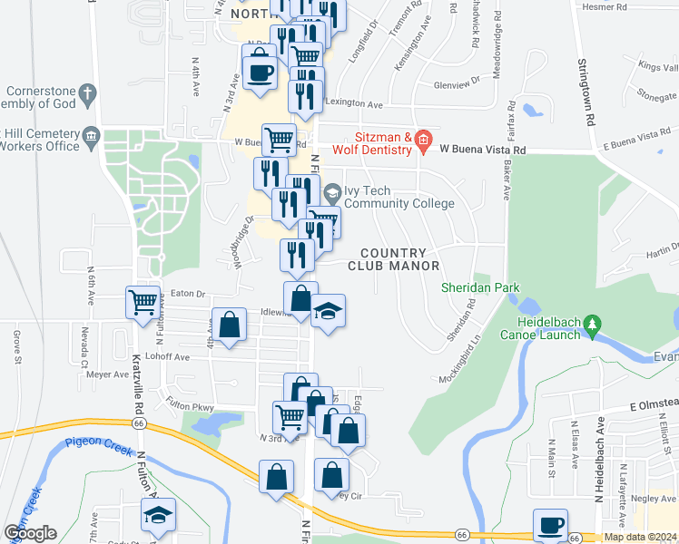 map of restaurants, bars, coffee shops, grocery stores, and more near 700 Fairway Drive in Evansville