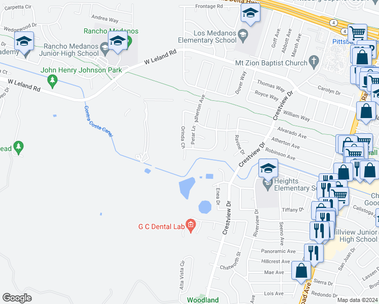 map of restaurants, bars, coffee shops, grocery stores, and more near 50 Orinda Circle in Pittsburg