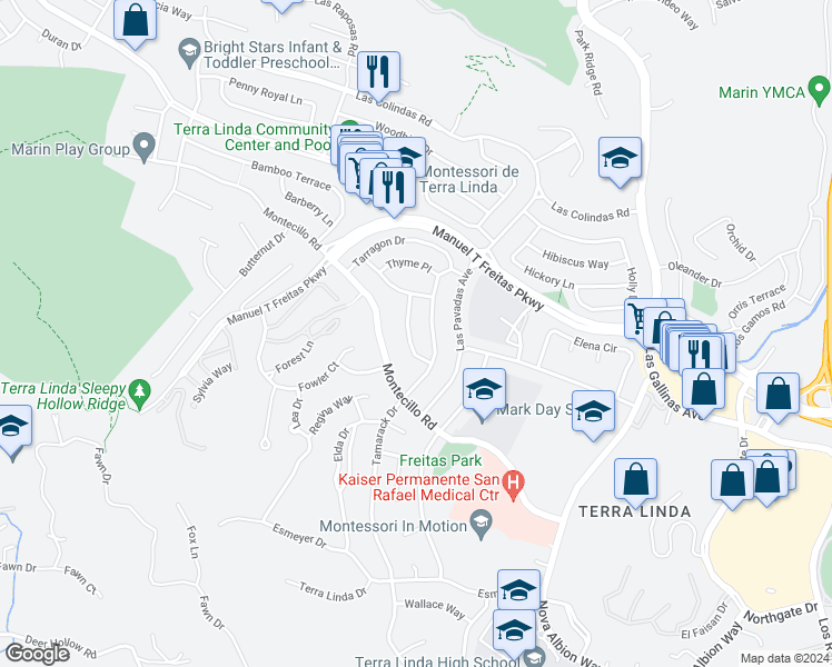 map of restaurants, bars, coffee shops, grocery stores, and more near 619 Tanbark Terrace in San Rafael