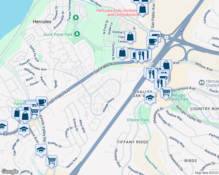 map of restaurants, bars, coffee shops, grocery stores, and more near 316 North Wildwood in Hercules