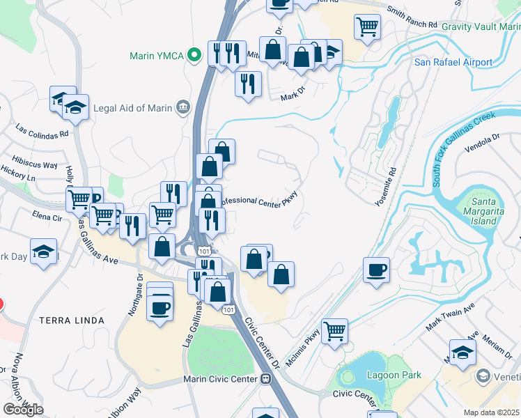 map of restaurants, bars, coffee shops, grocery stores, and more near 40 Professional Center Parkway in San Rafael