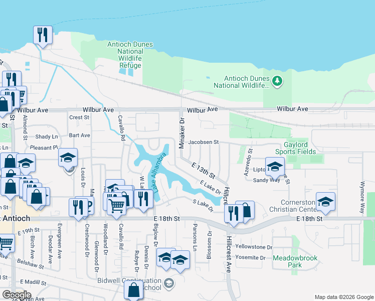 map of restaurants, bars, coffee shops, grocery stores, and more near 1212 Miller Street in Antioch